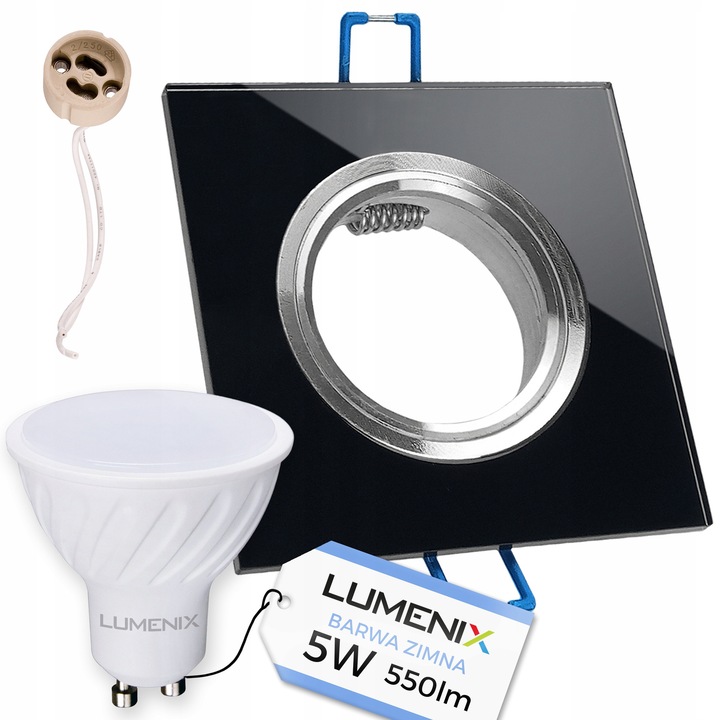 Set 6 bucati, Spot incastrat Lumenix patrat, cu sticla, soclu GU10, include bec LED 5W 550lm 6000K, negru