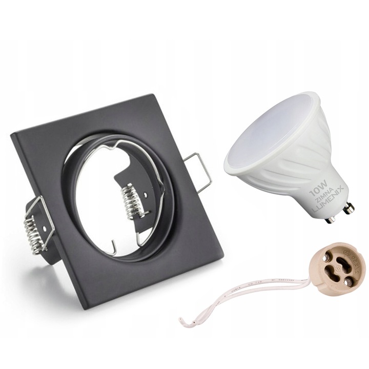 Set 6 bucati, Spot incastrat Lumenix, patrat, reglabil, soclu GU10, include bec LED 10W 6000K lumina rece, Negru, 6 x 10W