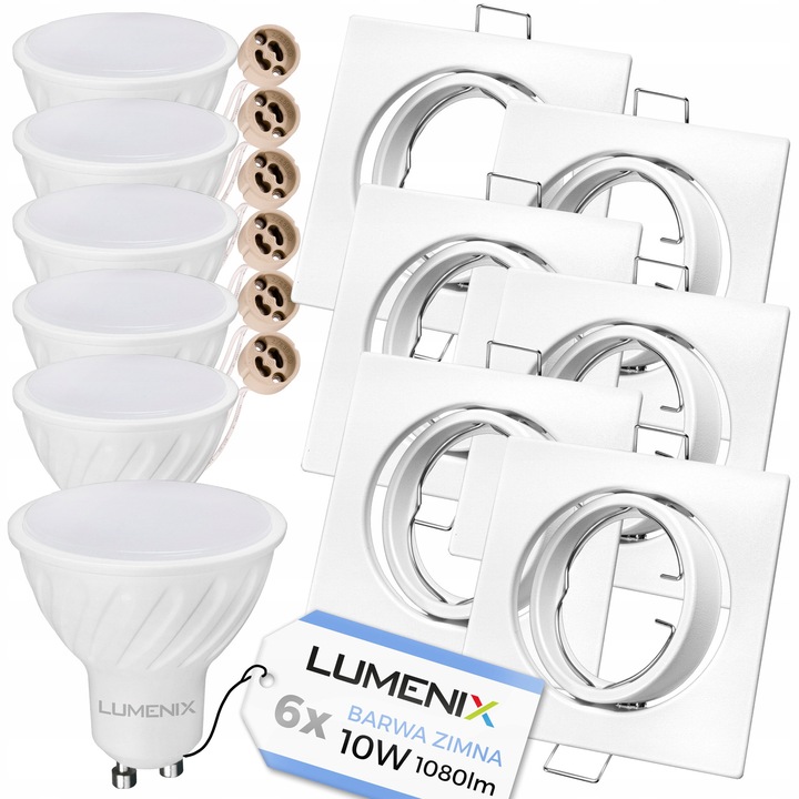 Set 6 bucati, Spot incastrat Lumenix model patrat, orientabil, cu bec LED GU10 10W 6000K, Alb, 6 x spot + 6 x bec GU10 10W