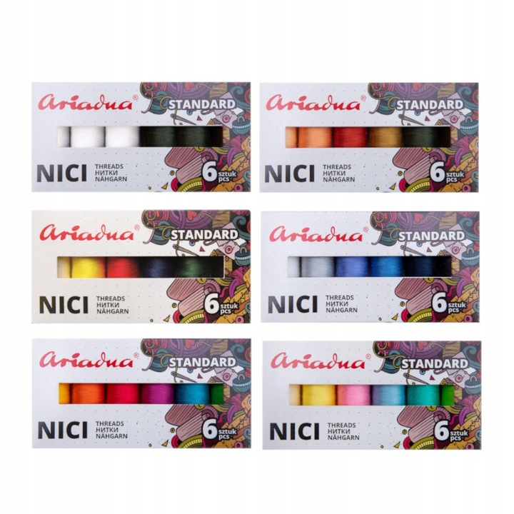 Set de 6 cutii cu fire de cusut Ariadna Talia 120, 200m, alb-negru, culori de baza, primavara, vara, toamna, iarna