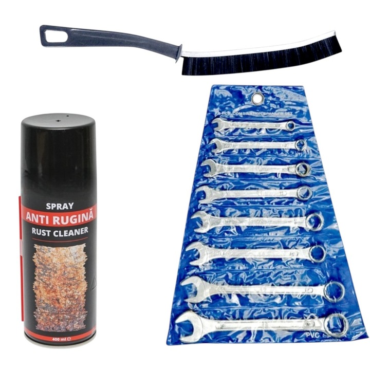 Set 8 chei combinate - M6/M8/M10/M12/M13/M14/M17/M19 - .otel carbon, inclinatie 15* capete cheie, uz casnic/profesional cu Spray tehnic anti rugina, 400 ml si Perie ingusta, 23 cm, pentru spatii mici