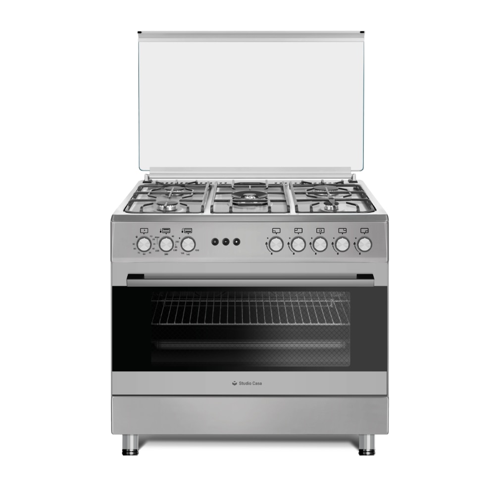 Aragaz gaz 90 cm Prato Inox Studio Casa, 5 zone de gatit, Gaz, Wok, Cuptor gaz, Rotisor, Timer mecanic, Grill electric, Gratar fonta, Aprindere electrica, Clasa energetica A, Inox, dubla ventilatie coacere