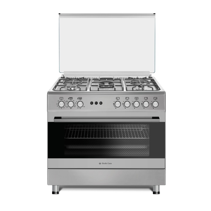 Aragaz gaz 90 cm Prato Inox Studio Casa, 5 zone de gatit, Gaz, Wok, Cuptor gaz, Rotisor, Timer mecanic, Grill electric, Gratar fonta, Aprindere electrica, Clasa energetica A, Inox, dubla ventilatie coacere