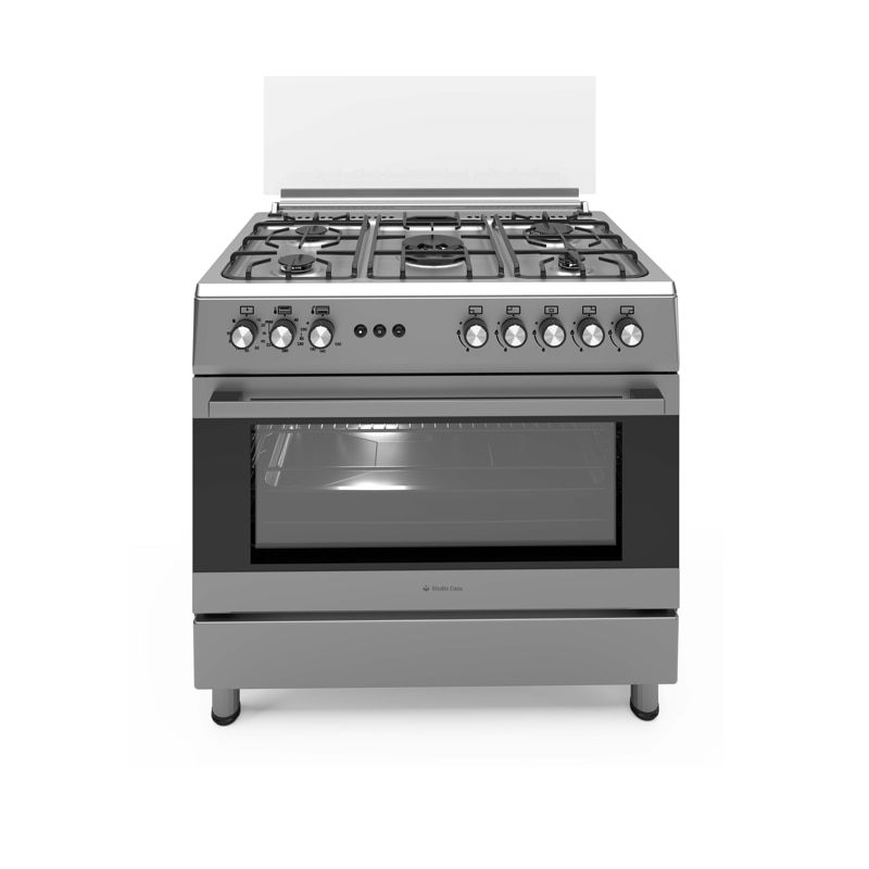 Aragaz gaz 90 cm Prato Inox Studio Casa, 5 zone de gatit, Gaz, Wok, Cuptor gaz, Rotisor, Timer mecanic, Grill electric, Gratar fonta, Aprindere electrica, Clasa energetica A, Inox, dubla ventilatie coacere