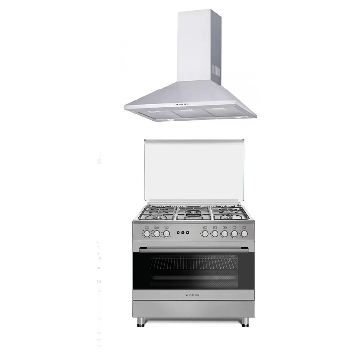Pachet Aragaz pe gaz 90 cm Prato Inox Studio Casa, 5 zone de gatit si Hota Decorativa 90 cm Inox, Gaz, Wok, Rotisor, Timer mecanic, Grill electric, Gratar fonta, Dubla ventilatie coacere, Inox