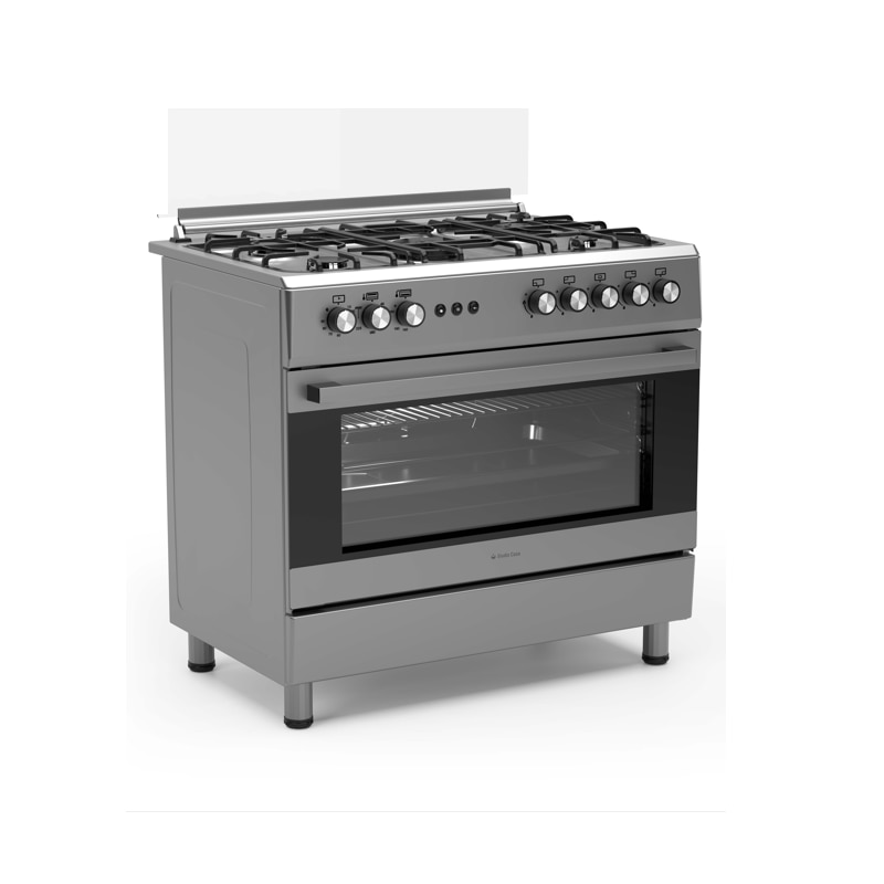 Aragaz gaz 90 cm Prato Inox Studio Casa, 5 zone de gatit, Gaz, Wok, Cuptor gaz, Rotisor, Timer mecanic, Grill electric, Gratar fonta, Aprindere electrica, Clasa energetica A, Inox, dubla ventilatie coacere