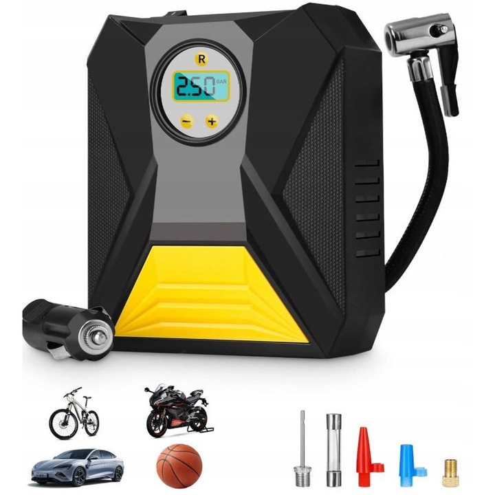 Компресор за кола 12V Anytech, компактен, с дигитален дисплей, черен, пълен комплект
