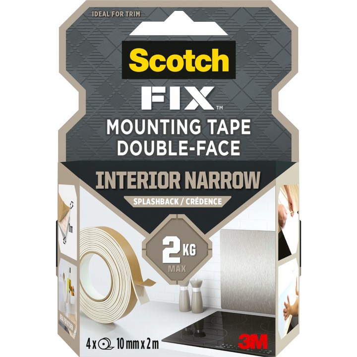 Banda dublu adeziva Scotch-Fix pentru panouri Splashback, 10mm x 2m, set 4 role, rezistenta la umiditate si temperaturi de la 0C la 70C
