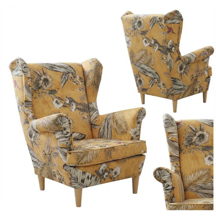 Skandináv füles fotel, kék, pasztell színű velúr mintával, Design Family Meble