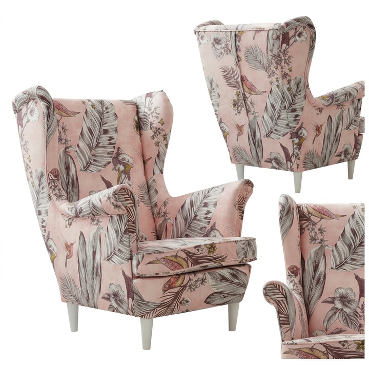 Skandináv füles fotel, kék, pasztell színű velúr mintával, Design Family Meble