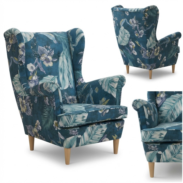 Skandináv füles fotel, kék, pasztell színű velúr modell, Design Family Meble