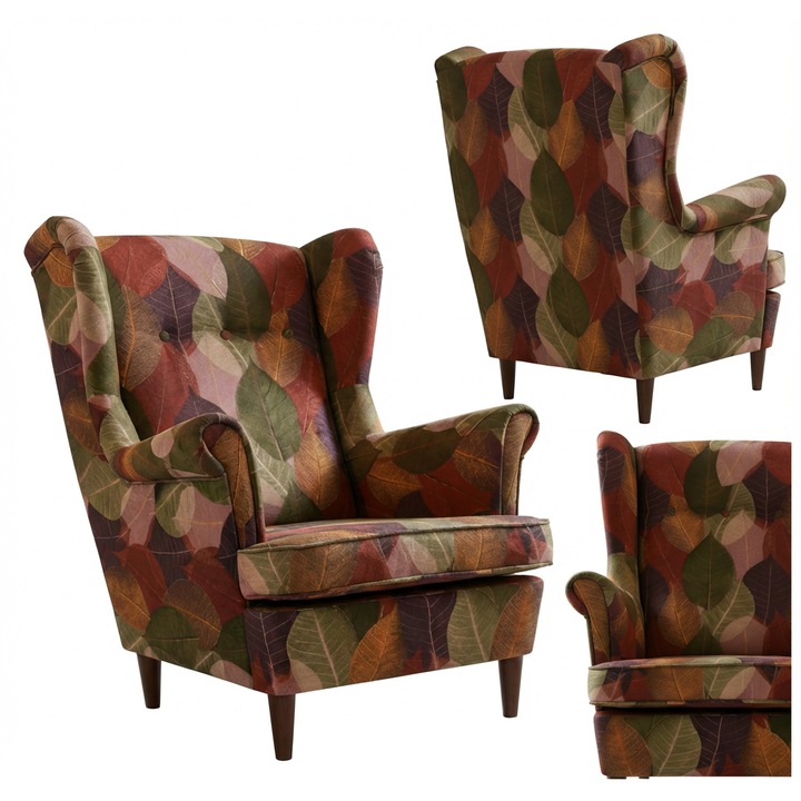 Skandináv füles fotel, kék, pasztell színű velúr mintával, Design Family Meble