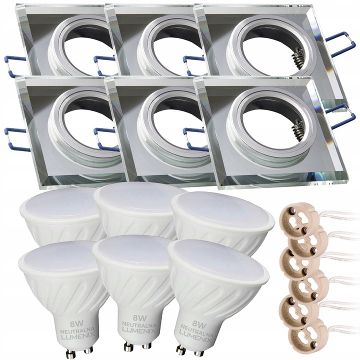 Комплект 6x LED крушки GU10 8W Неутрална + Аплик Quadrata от полирано стъкло, 90x90mm