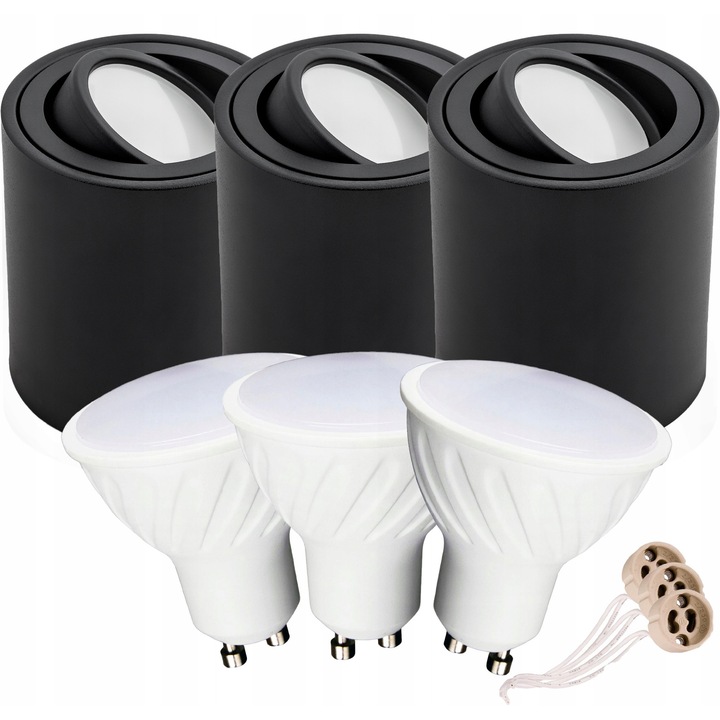 Комплект 3 LED спота Technics, кръгъл корпус, GU10 10W, черен цвят, размери 8x7,5см
