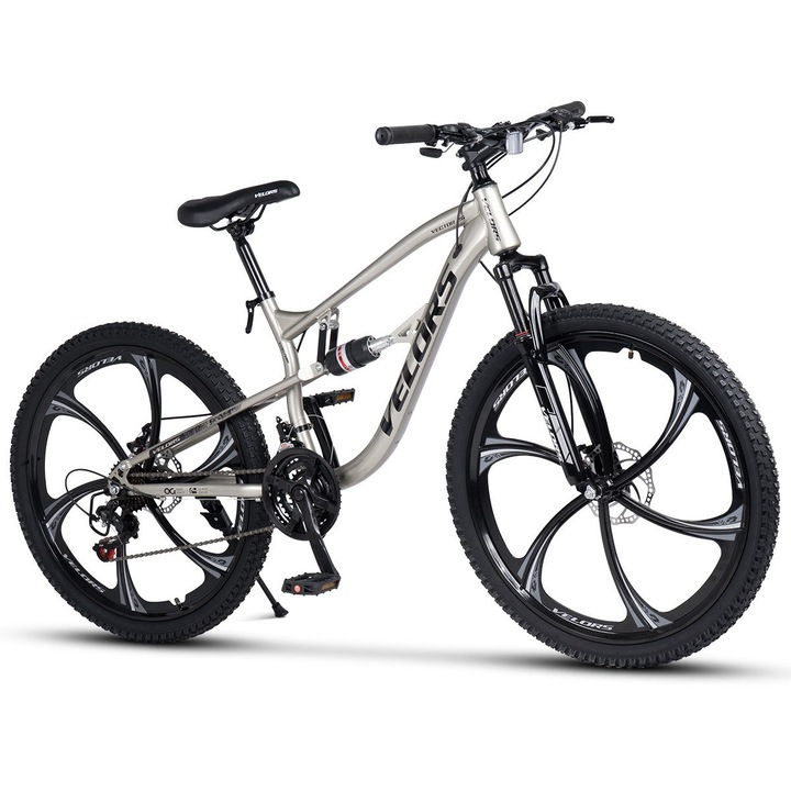 Bicicleta MTB ERBV2670M cu Roti Magneziu de 26", Echipare Shimano/Saiguan, Manete Secventiale, Frane DISC, 21 Viteze, verde argintiu/negru, Mountain Bike Velors Vector 26 Genius cu Dubla Suspensie si Cabluri Integrate
