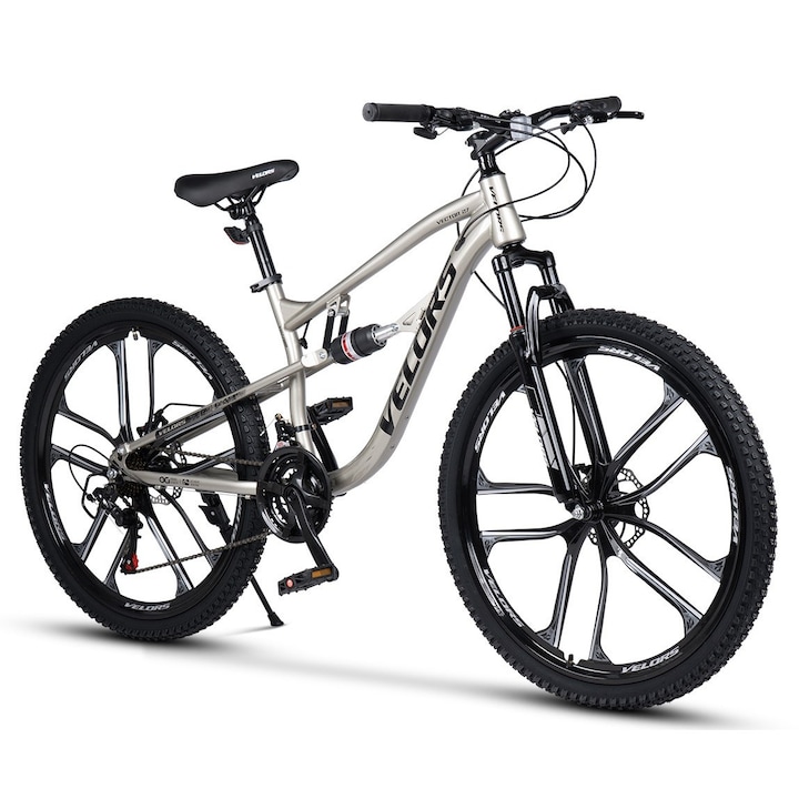 Bicicleta MTB ERBV2770M cu Roti Magneziu de 27 "5", Echipare Shimano/Saiguan, Manete Secventiale, Frane DISC, 21 Viteze, verde argintiu/negru, Mountain Bike Velors Vector 27 Genius cu Dubla Suspensie 