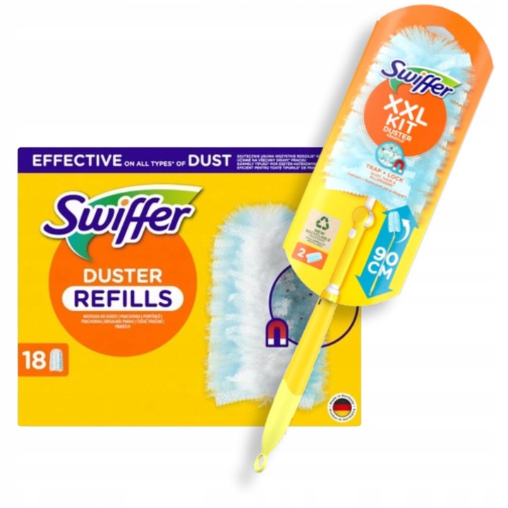 Set Swiffer Duster XXL, racleta telescopica, 2 miotelek, 18 inlocuiri, multicolor