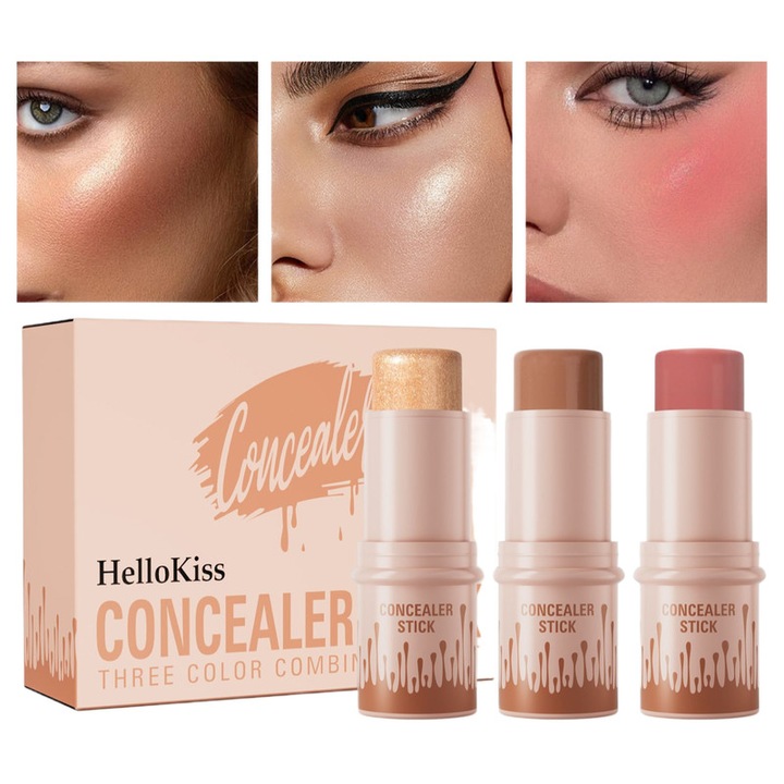 Set Baton Machiaj HelloKiss 3 in 1, Iluminator, Contur si Blush, Kit Sculptare Fata Rezistent la Apa, Durata Lunga, Set B