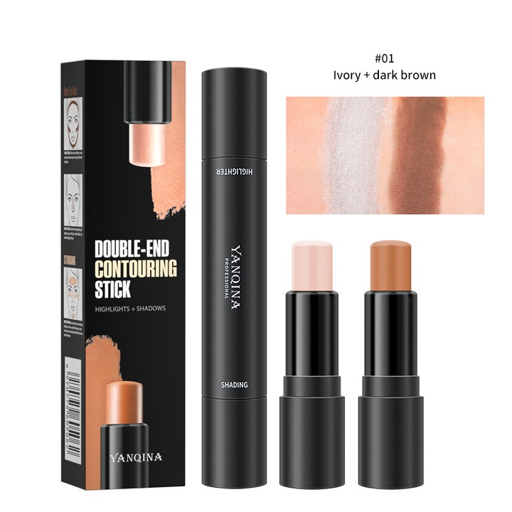 Stick iluminator si contur 2 in 1, YANQINA, corector cu doua capete pentru ten cu profil V mic, stick de machiaj hidratant pentru sculptarea fetei, 01 Ivory si maro inchis