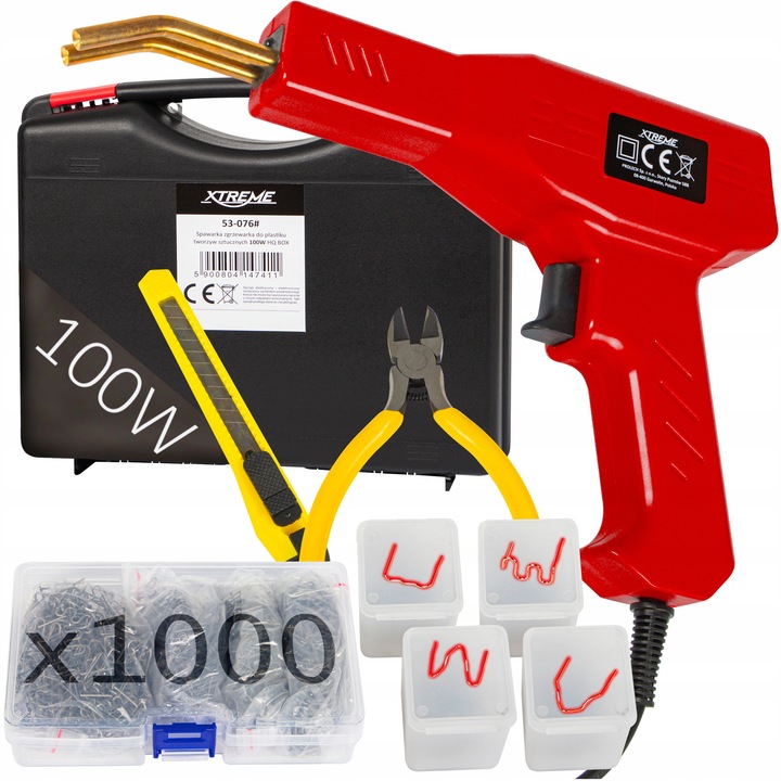 Xtreme 100W műanyag hegesztőgép készlet 1000 kapocs kés fogó bőrönd 22.5x15.3cm