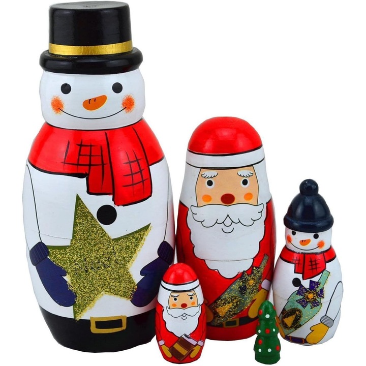 Set 5 papusi matrioshka din lemn, 15x5,6cm, stil rusesc