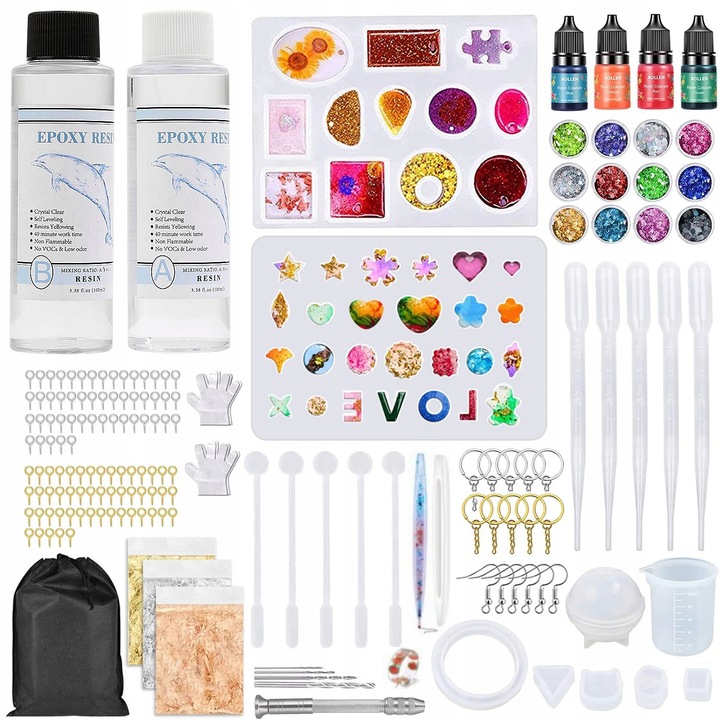 Set de bijuterii din rasina epoxidica, PREZENT, 100ml rasina si 100ml intaritor, 4 pigmenti, 2 forme siliconice, multicolor