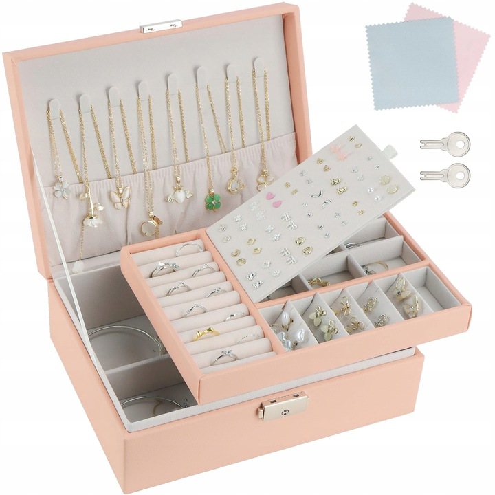 Ékszerdoboz, 2 rétegű, rózsaszín, 23x17x8,5cm, rendszerező nőknek és lányoknak