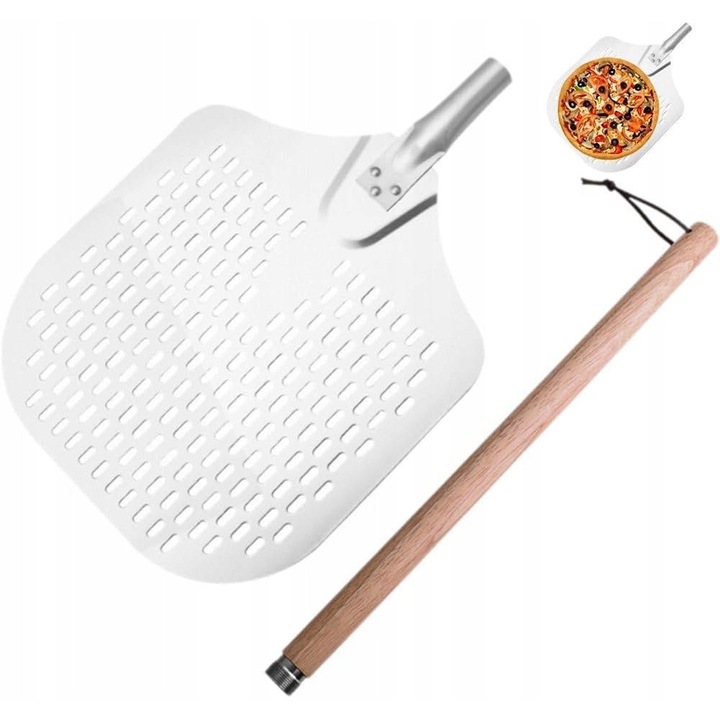 Lopata pentru pizza Viaggio Perforata, din aluminiu usor si durabil, maner din lemn anti-alunecare 50 cm, 30,5 x 35,5 cm, argintiu/lemn, 1 buc