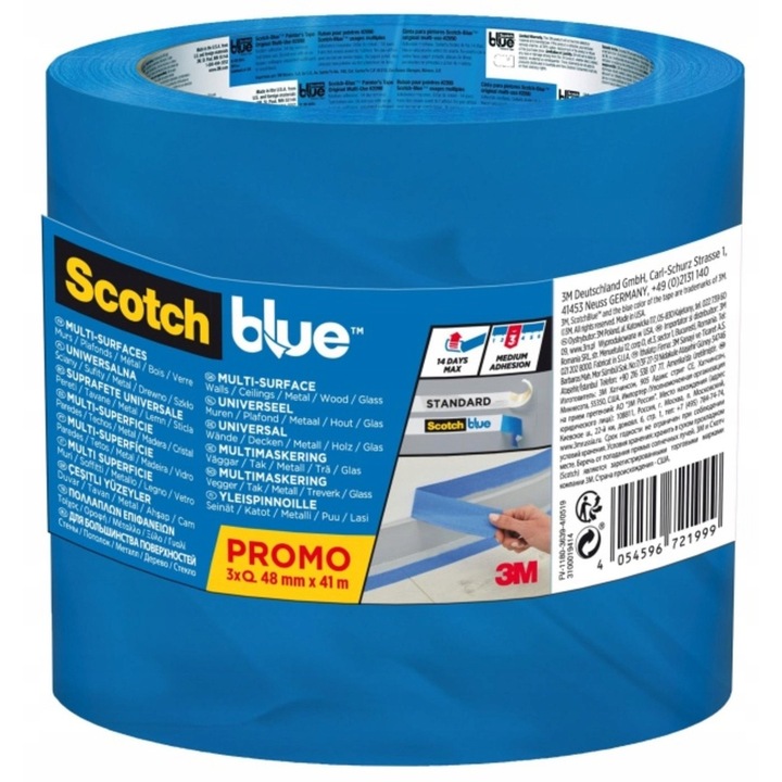 Set Banda de mascare ScotchBlue, 3 role, 48mm x 41m, albastra, utilizare universala