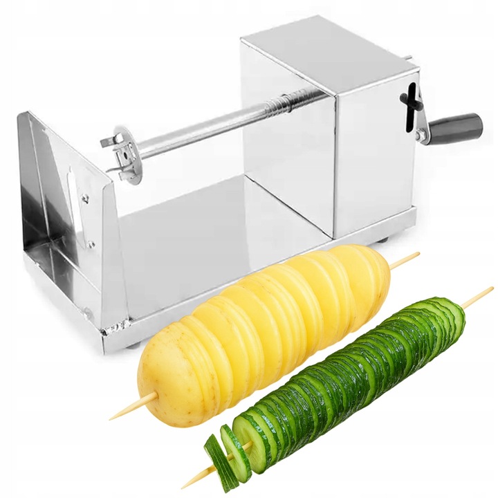 Aparat manual pentru cartofi spiralati, din inox, cu baza din cauciuc