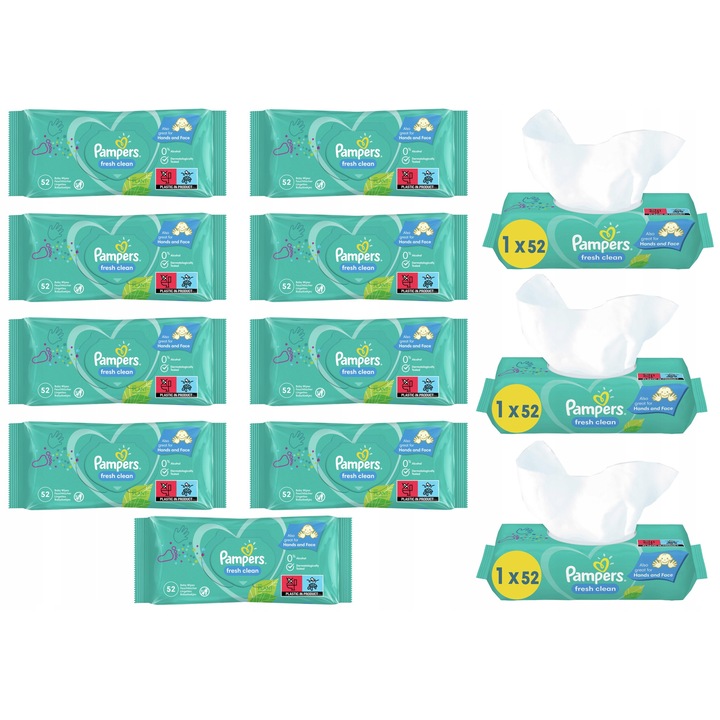 Servetele umede Pampers Fresh Clean, 12 seturi x 52 bucati, fara alcool, pentru piele delicata