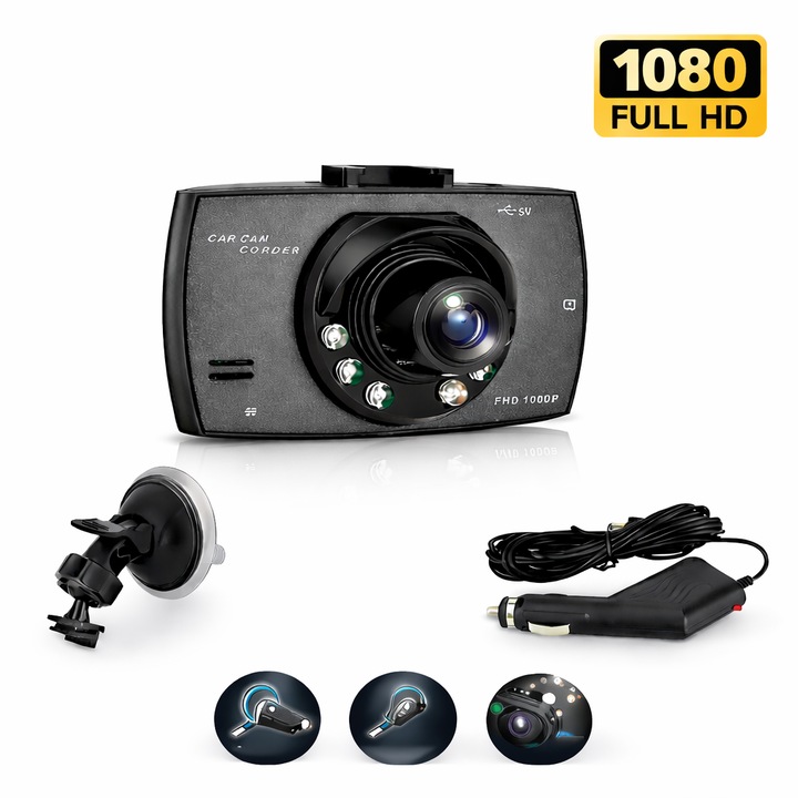 Camera video auto Full HD 1080P, unghi 140°, Night Vision, inregistrare ciclica, senzor miscare, dashcam auto cu montare pe parbriz, suport ventuza, incarcare auto