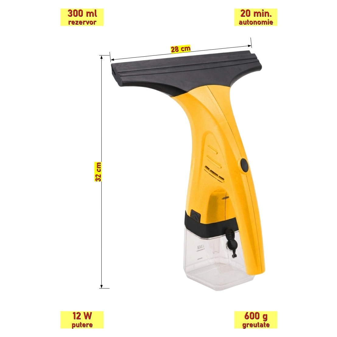 Aspirator de geamuri, oglinzi, faianta, gresie, 20 min. autonomie, 300 ml rezervor, 12 W putere