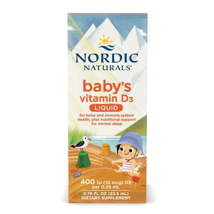 Течна Витамин D3 за бебета Nordic Naturals, 400 IU, бързо усвояване, веган сертификат, поддържа имунитета и здравето на костите, съдържа органичен екстра върджин зехтин, 22.5 мл