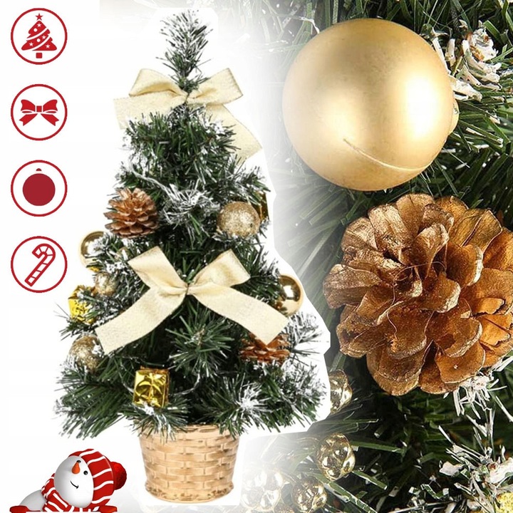 Mini LED-es karácsonyfa 40 cm, gömbökkel és tobozokkal díszítve, ünnepi dekoráció