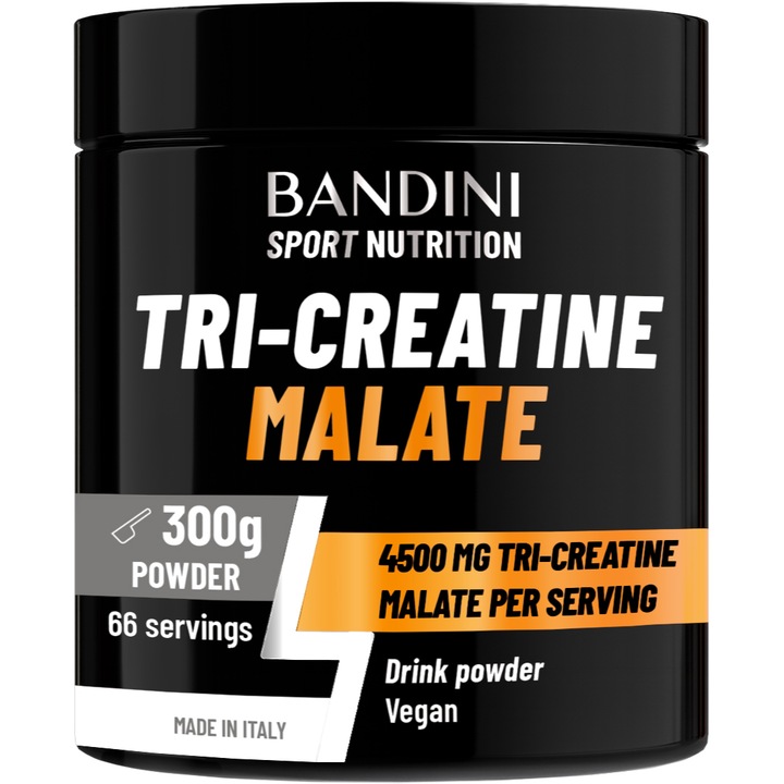 Bandini® Tri-Creatine Malate Powder, 4500 mg CM3 Triple Creatine Compound, Fokozott teljesítmény nagy intenzitású edzéseken, Erő és állóképesség, Oldódó formula 300 g, ízesítés nélkül