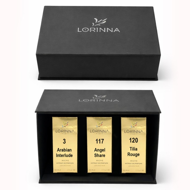 Set parfum Lorinna Paris Arabian Interlude & Angel Share & Tilia Rouge, 3 x 50 ml, Cutie cadouri parfum premium