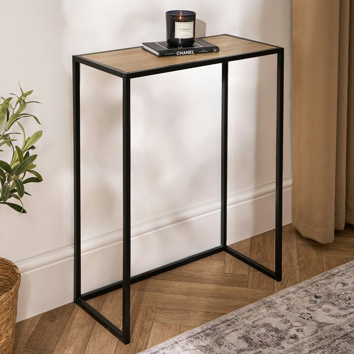 Raft / Consola / Masuta inalta, design minimalist cu cadru metalic negru mat si blat cu furnir stejar (66 cm inaltime x 56 cm lungime x s6 cm latime)