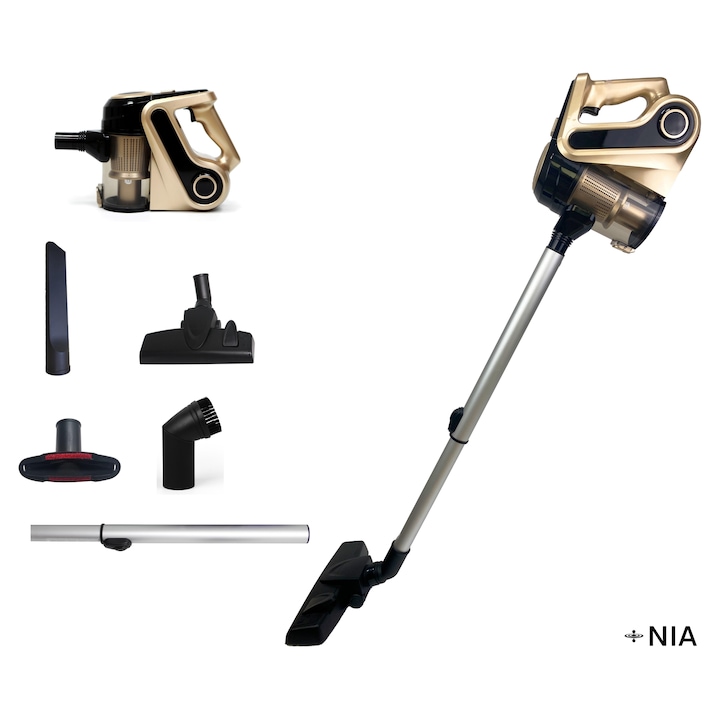 Aspirator verical NIA, aspirator auto, 18000 PA, 600 W, sistem de filtrare ciclonic, 2in1: aspirator vertical sau de mana, durata de functionare 60- 90 minute, rezervor praf 0.6L, filtru lavabil, aspirator de mana foarte usor, bej-auriu