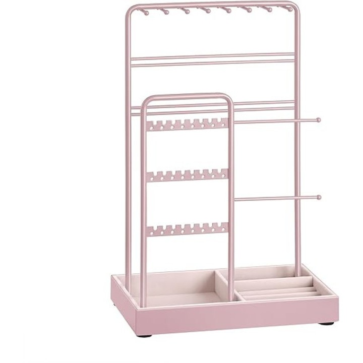 Ékszertartó állvány, fém rendszerező bársony tálcával, rózsaszín, 11,5x19,6x30,8cm