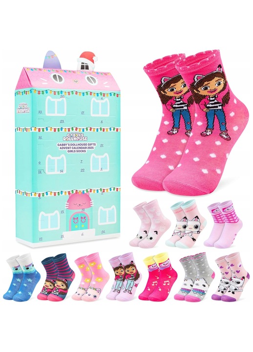 Gabby's Dollhouse gyerek zokni adventi naptár, 24 pár, 27-32 EU