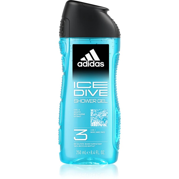 Gel de dus pentru barbati Adidas Ice Dive 3in1, 250 ml, corp, par si fata, gel de dus revigorant, prospetime intensa, utilizare zilnica