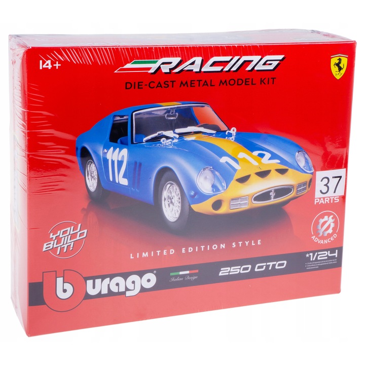 BBurago Ferrari 250 GTO modellautó, 17,5x7,3x5,5cm, 37 elem
