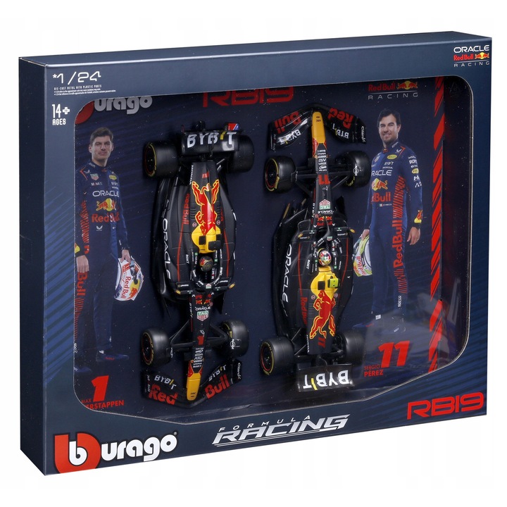 Set de automachete Bburago F1 Red Bull Racing RB19, Max Verstappen si Sergio Perez, 22x8x4,5cm
