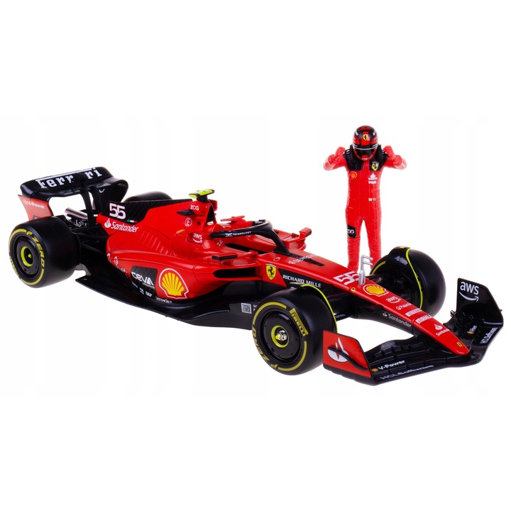 Masinuta F1 Ferrari SF-23, 1:24, C. Sainz figurával, méretei 23.5x8.5x4.5cm