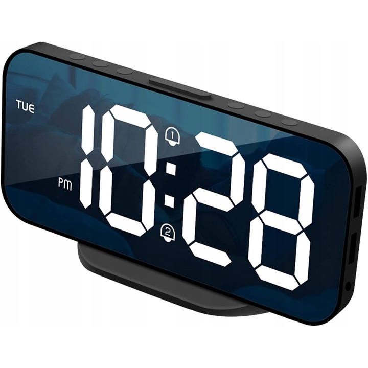 EDUP EP-8821 LED digitális óra, HD 6,7" tükör, dupla ébresztő szundi funkcióval 2-60 perc, 2 USB port töltéshez, automatikus beállítás és 3 fényerő szint, 12/24 órás kijelző, asztali/fali rögzítés, fekete, 1 db