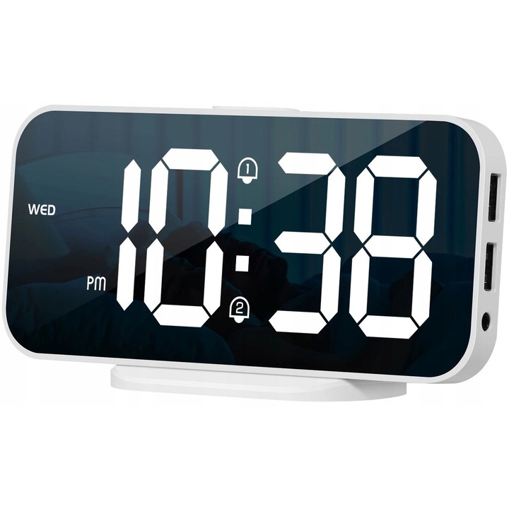EDUP EP-8821 digitális óra, 6,7 hüvelykes HD tükör, dupla ébresztő szundi funkcióval és 2 USB porttal, fehér, 1 db