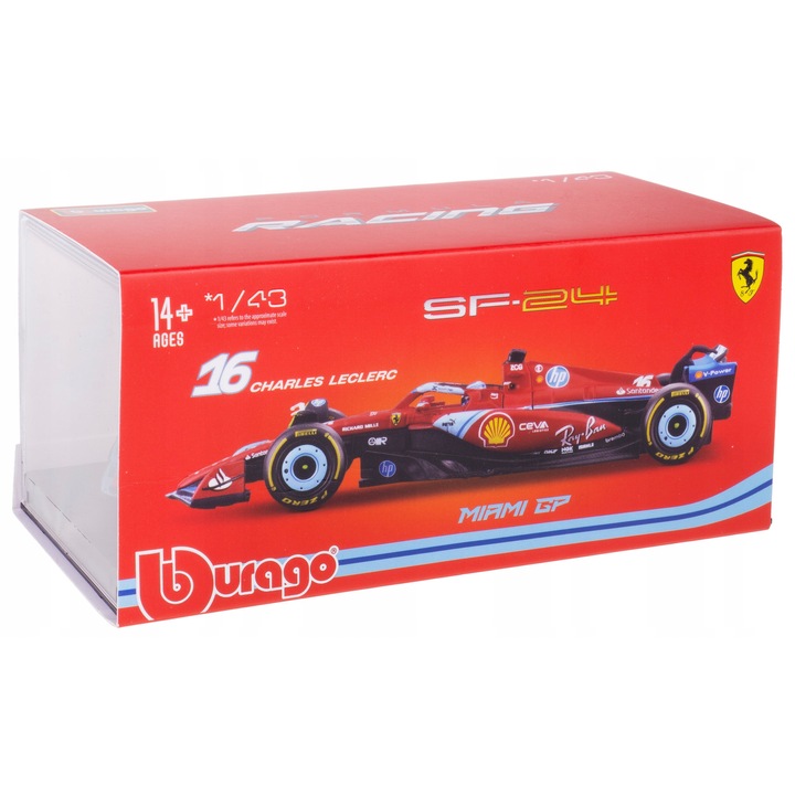 Bburago Ferrari SF-24 F1 GP Miami Bolid autómodell 1:43, C. Leclerc