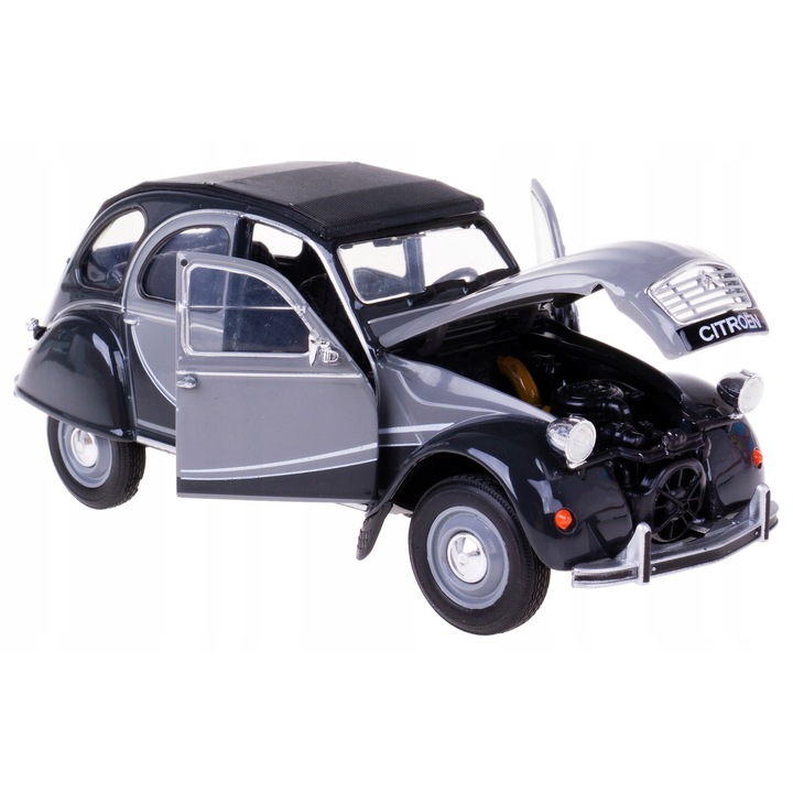 Citroen 2CV 6 Charleston modellautó, Welly, 17x9x6.5cm, fekete-szürke