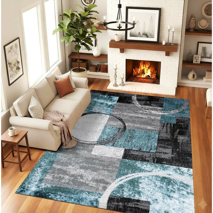 Covor Digital Antiderapante 120x180 cm – Model Geometric Modern Gri, Negru si Turcoaz